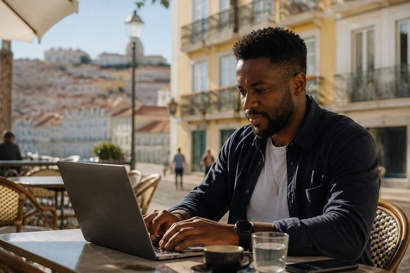 Freelancer working on a laptop at an outdoor cafe in Lisbon