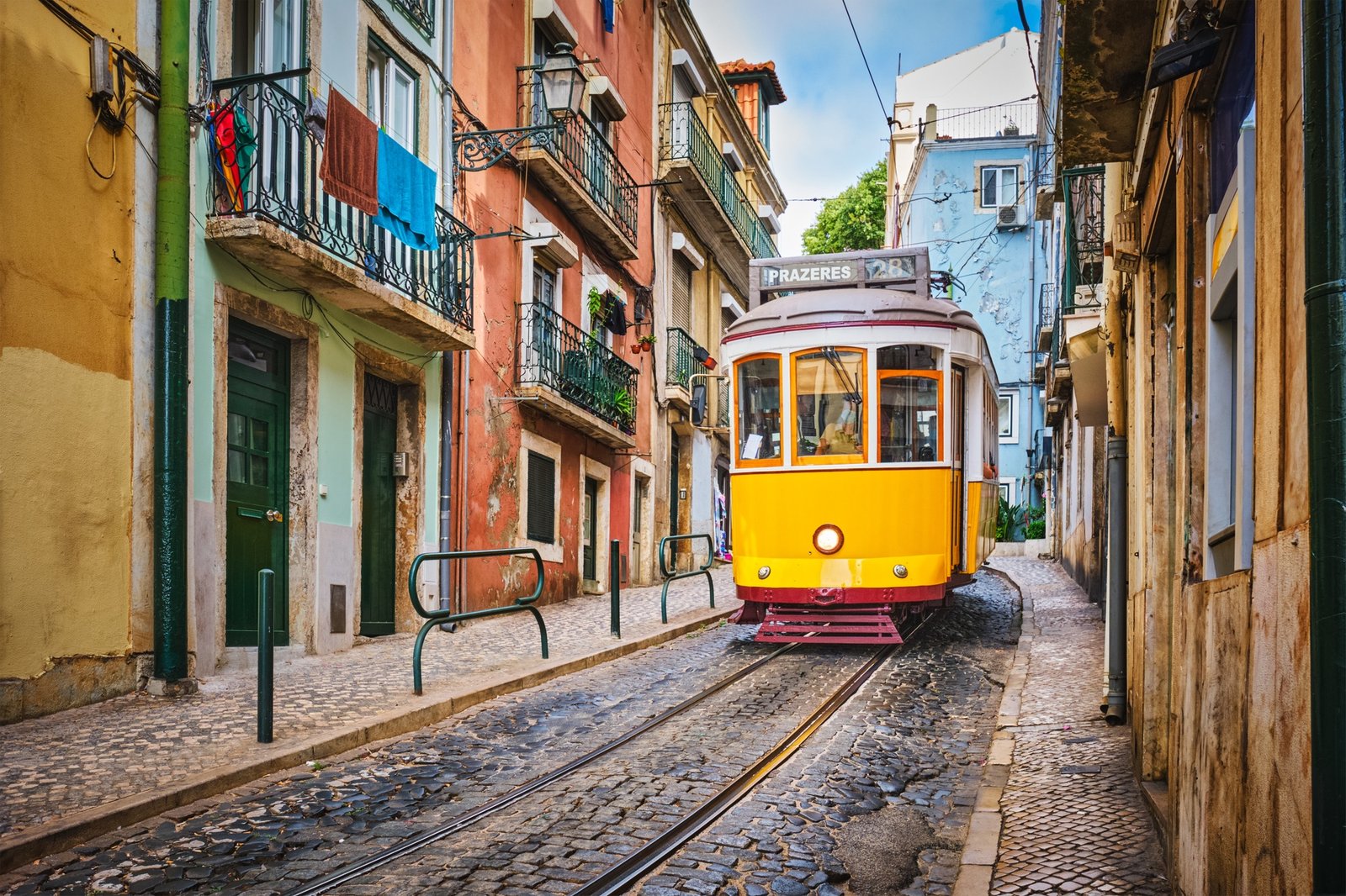 Yellow tram in Alfama, Lisbon